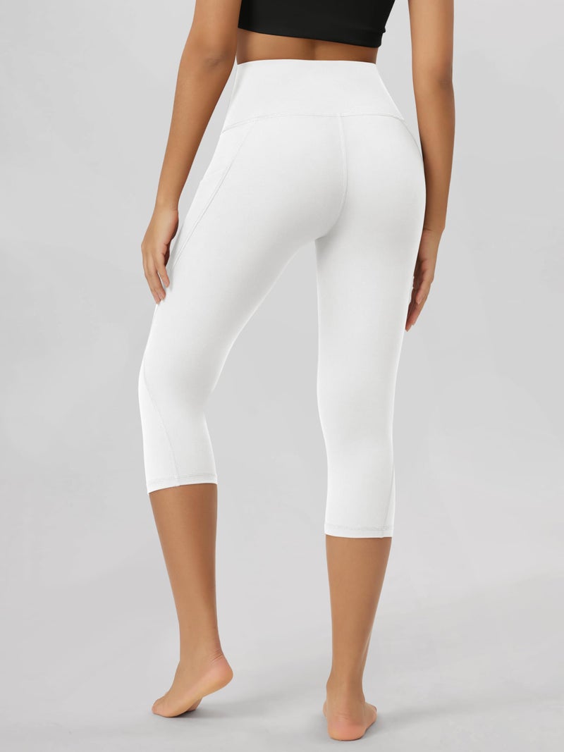 ODODOS Women's High Waisted Yoga Capris with Pockets,Tummy Control Non See Through Workout Sports Running Capri Leggings, White,Medium - Image 3